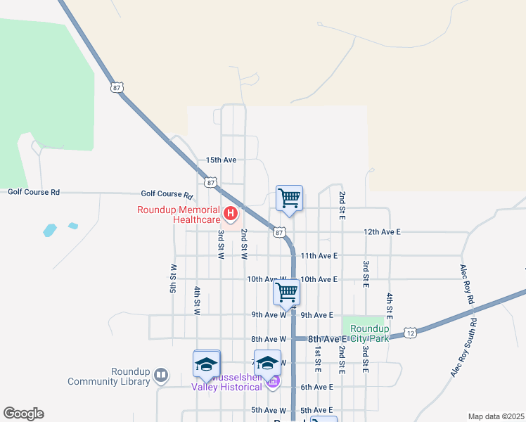 map of restaurants, bars, coffee shops, grocery stores, and more near 1202 2nd St W in Roundup