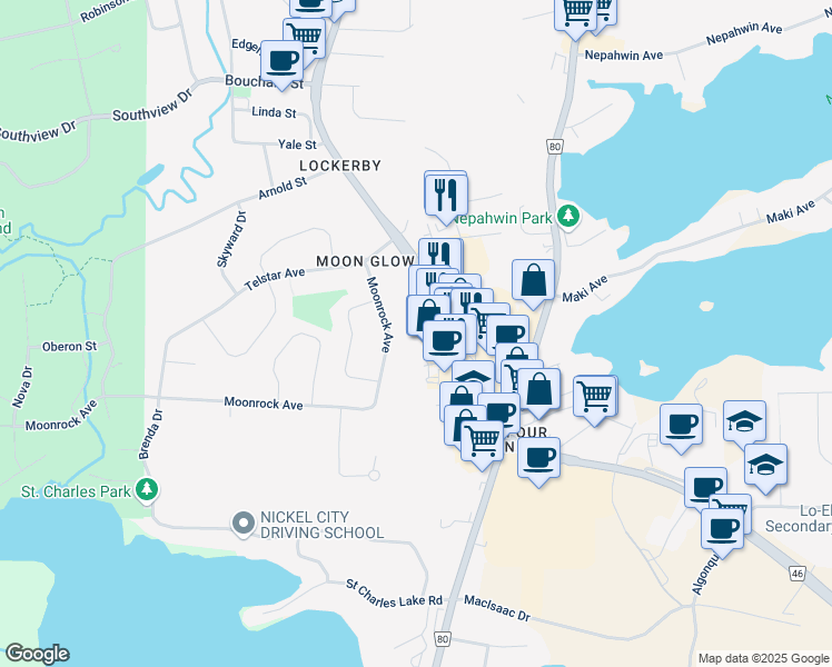 map of restaurants, bars, coffee shops, grocery stores, and more near 1730 Greater Sudbury Regional Road 46 in Greater Sudbury
