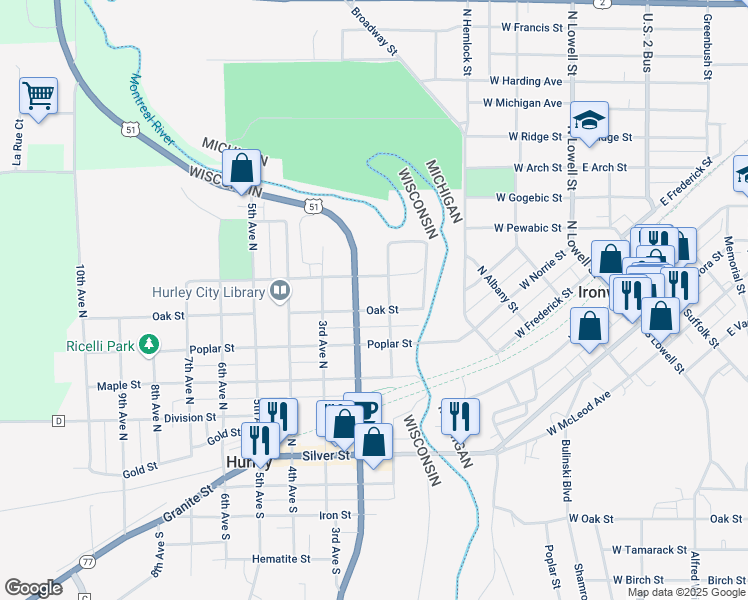 map of restaurants, bars, coffee shops, grocery stores, and more near 505 2nd Avenue North in Hurley