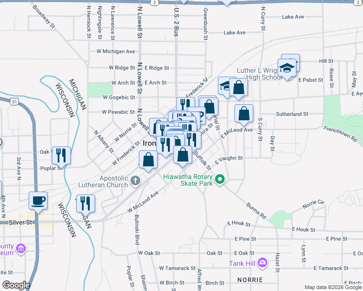 map of restaurants, bars, coffee shops, grocery stores, and more near 199 E Ayer St in Ironwood