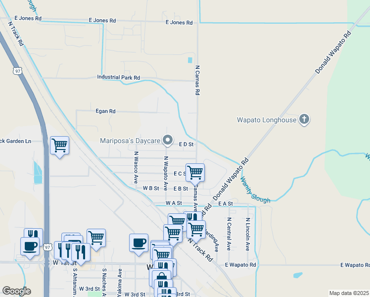 map of restaurants, bars, coffee shops, grocery stores, and more near 110 East D Street in Wapato