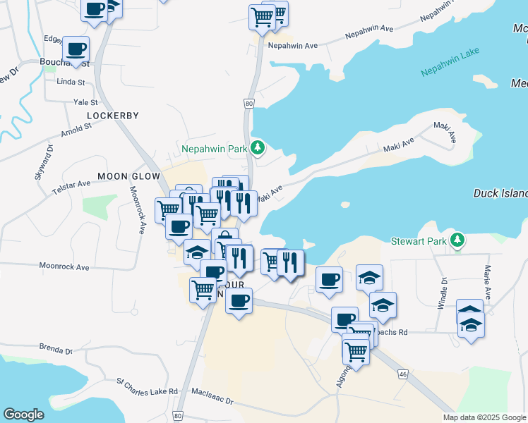 map of restaurants, bars, coffee shops, grocery stores, and more near 15 Maki Avenue in Greater Sudbury