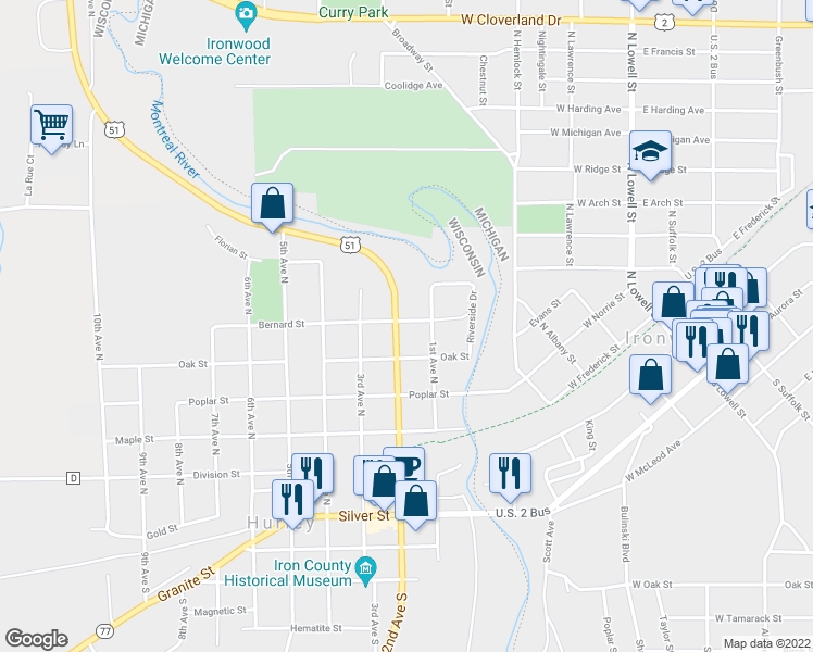 map of restaurants, bars, coffee shops, grocery stores, and more near 505 2nd Avenue North in Hurley