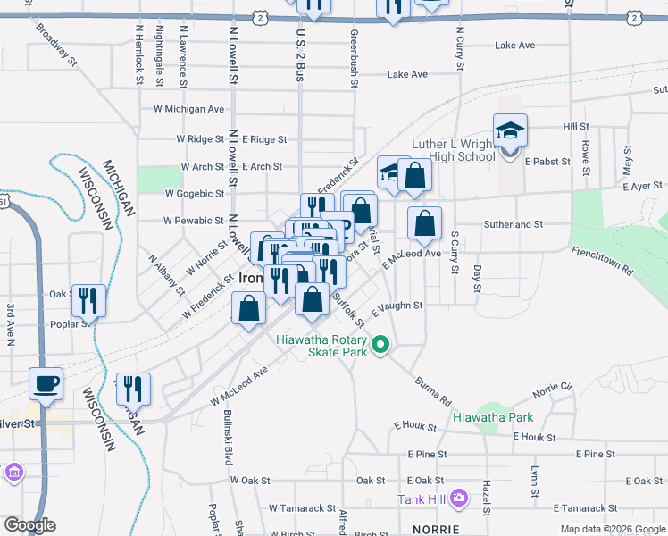 map of restaurants, bars, coffee shops, grocery stores, and more near 212 East Aurora Street in Ironwood