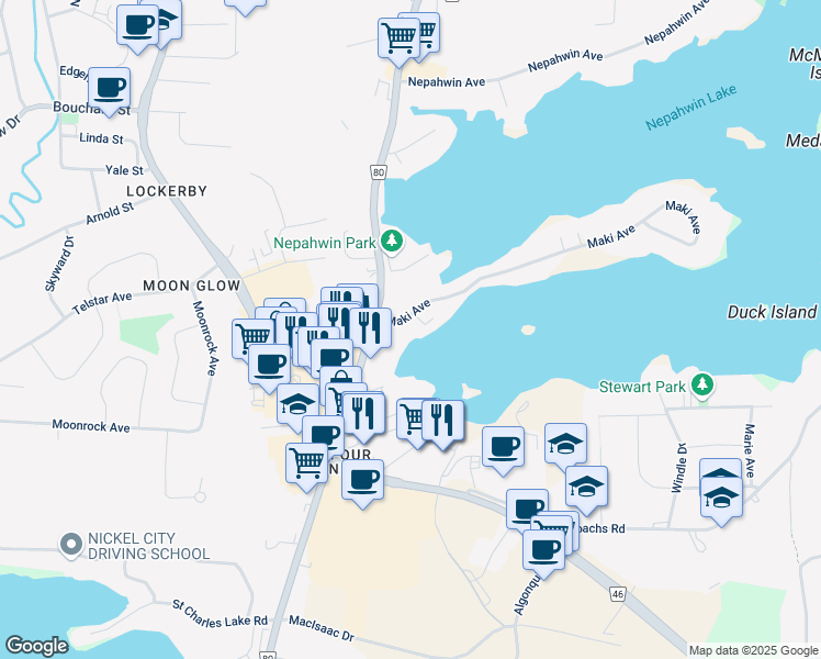 map of restaurants, bars, coffee shops, grocery stores, and more near 29 Maki Avenue in Sudbury