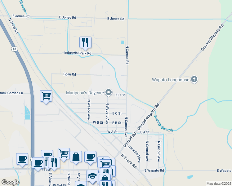 map of restaurants, bars, coffee shops, grocery stores, and more near 110 E D St in Wapato