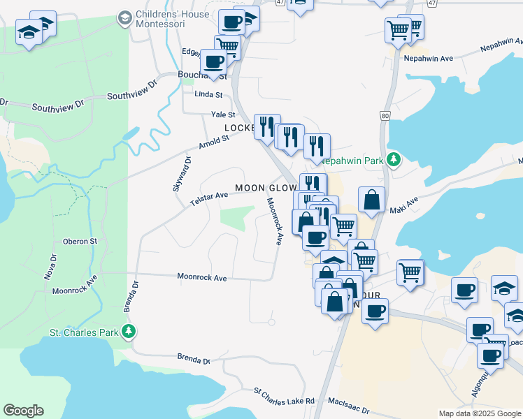 map of restaurants, bars, coffee shops, grocery stores, and more near 1725 Gemini Crescent in Greater Sudbury