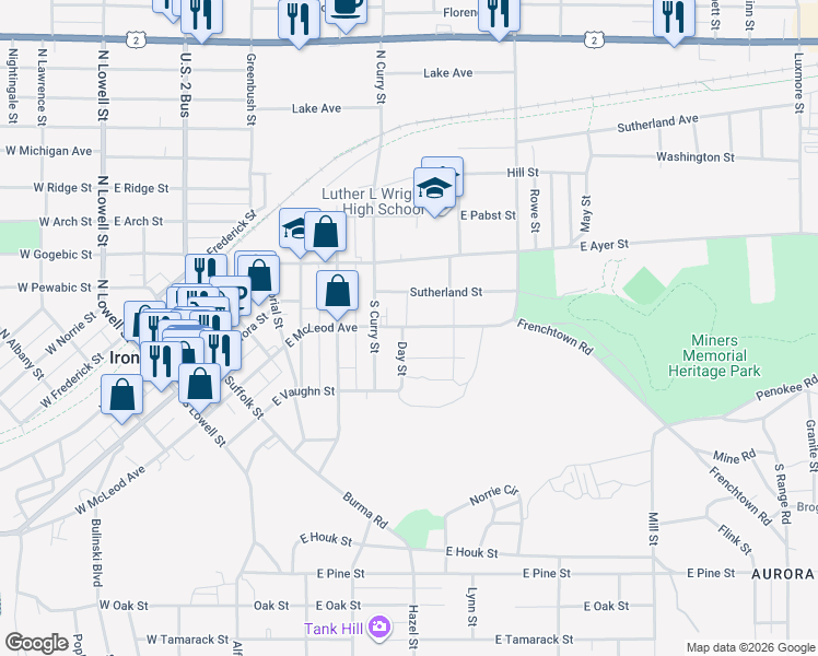 map of restaurants, bars, coffee shops, grocery stores, and more near 631 East McLeod Avenue in Ironwood