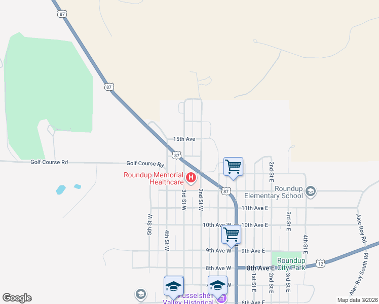 map of restaurants, bars, coffee shops, grocery stores, and more near U.S. 87 in Roundup