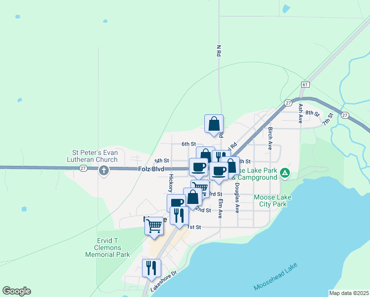 map of restaurants, bars, coffee shops, grocery stores, and more near 509 Grove Avenue in Moose Lake