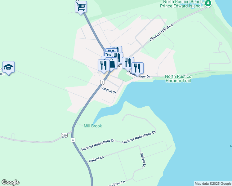 map of restaurants, bars, coffee shops, grocery stores, and more near Riverside Drive in North Rustico
