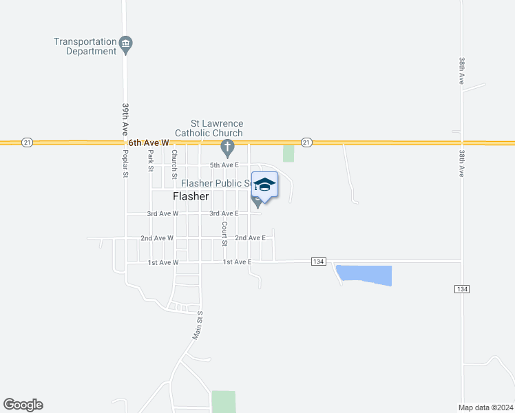 map of restaurants, bars, coffee shops, grocery stores, and more near 206 3rd Avenue East in Flasher