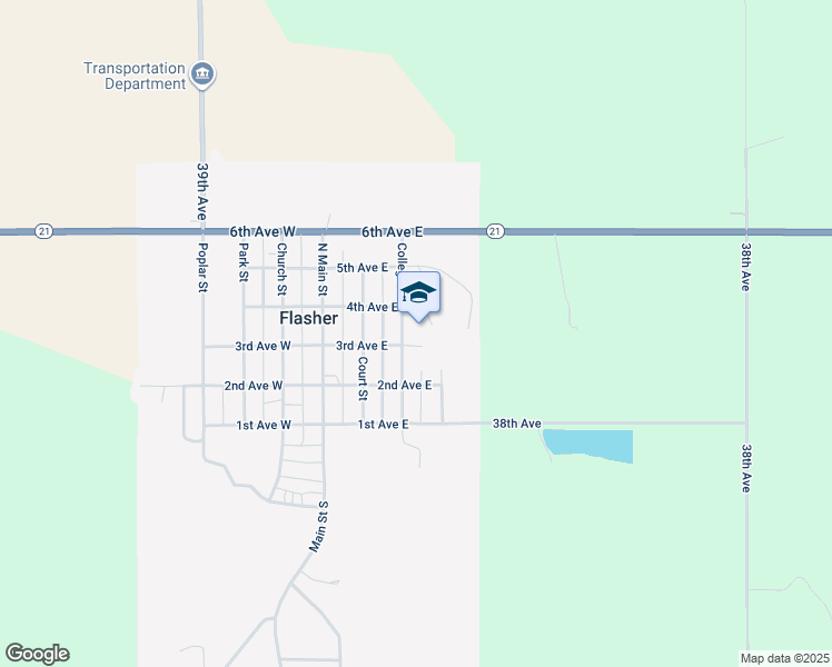 map of restaurants, bars, coffee shops, grocery stores, and more near 206 3rd Avenue East in Flasher
