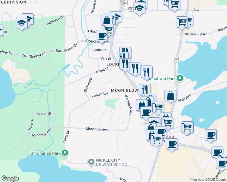map of restaurants, bars, coffee shops, grocery stores, and more near 444 Telstar Avenue in Sudbury