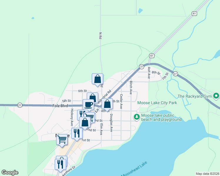 map of restaurants, bars, coffee shops, grocery stores, and more near 602 Industrial Road in Moose Lake