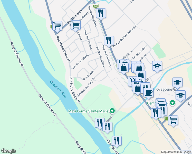 map of restaurants, bars, coffee shops, grocery stores, and more near 265 Avenue Desgagné in Sainte-Marie