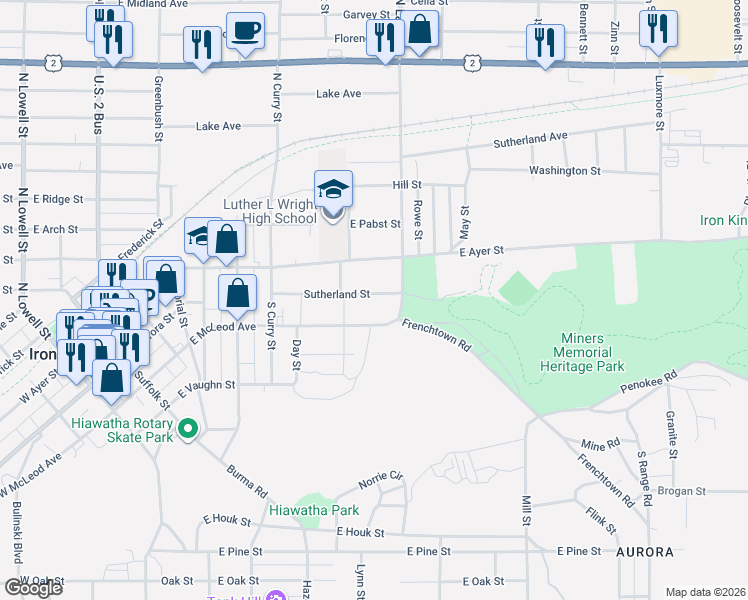 map of restaurants, bars, coffee shops, grocery stores, and more near 700-732 Sutherland Street in Ironwood
