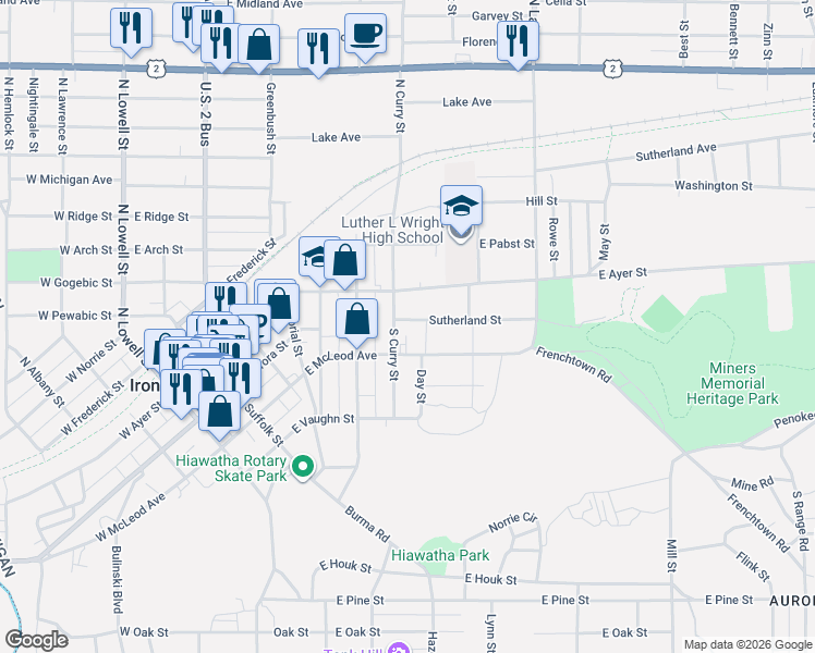 map of restaurants, bars, coffee shops, grocery stores, and more near 100-116 South Curry Street in Ironwood