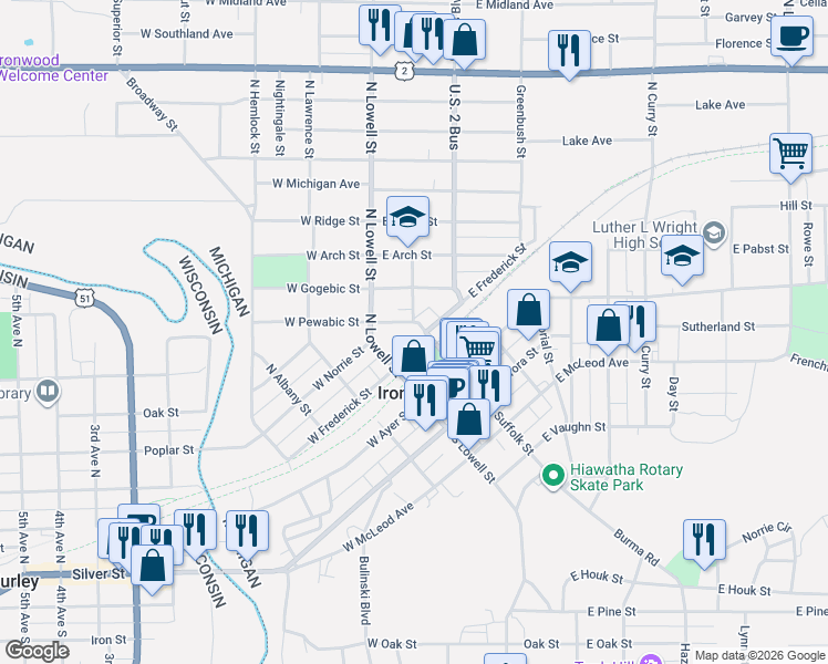map of restaurants, bars, coffee shops, grocery stores, and more near 211 North Suffolk Street in Ironwood