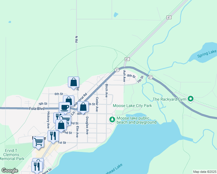 map of restaurants, bars, coffee shops, grocery stores, and more near 621 Birch Avenue in Moose Lake