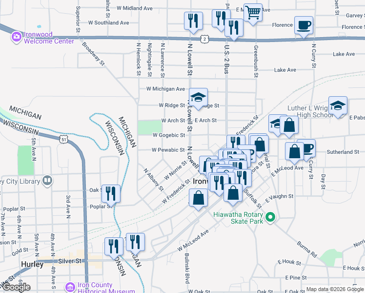 map of restaurants, bars, coffee shops, grocery stores, and more near West Pewabic Street in Ironwood