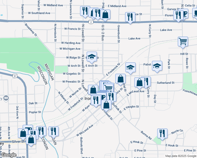map of restaurants, bars, coffee shops, grocery stores, and more near 201-299 E Frederick St in Ironwood