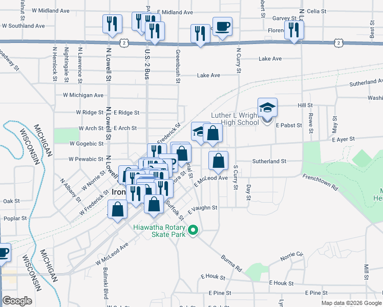 map of restaurants, bars, coffee shops, grocery stores, and more near 399 E Ayer St in Ironwood