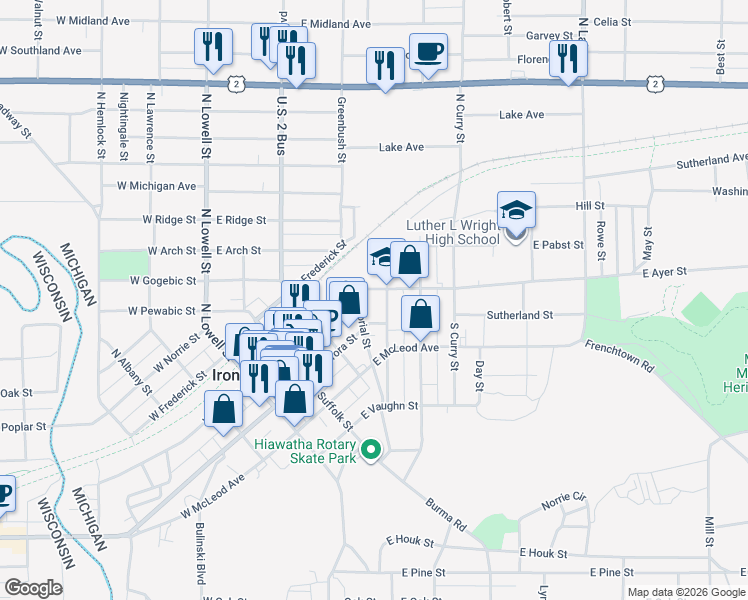 map of restaurants, bars, coffee shops, grocery stores, and more near 301-399 East Ayer Street in Ironwood