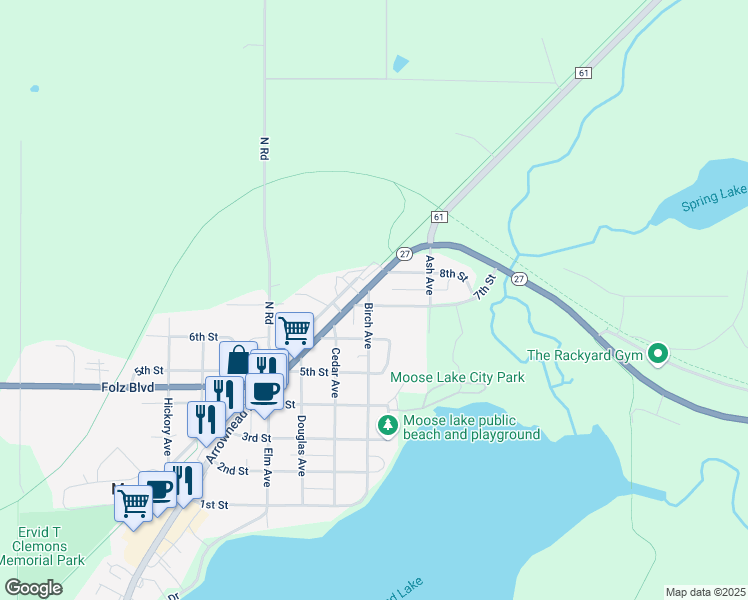 map of restaurants, bars, coffee shops, grocery stores, and more near 621 Birch Avenue in Moose Lake