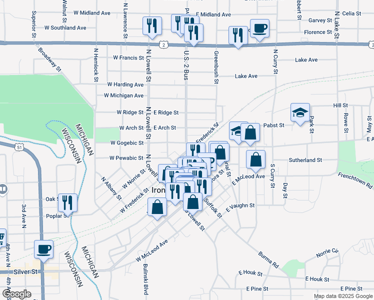 map of restaurants, bars, coffee shops, grocery stores, and more near 299 E Frederick St in Ironwood