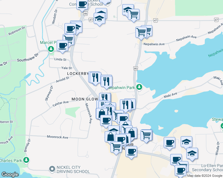 map of restaurants, bars, coffee shops, grocery stores, and more near 238 Caswell Drive in Greater Sudbury