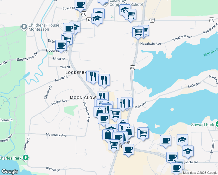 map of restaurants, bars, coffee shops, grocery stores, and more near 238 Caswell Drive in Greater Sudbury