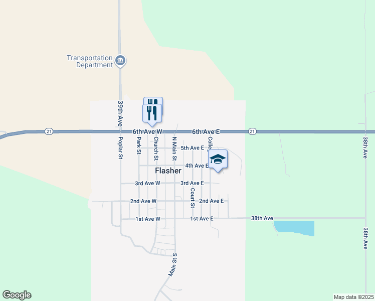 map of restaurants, bars, coffee shops, grocery stores, and more near 67 5th Avenue East in Flasher