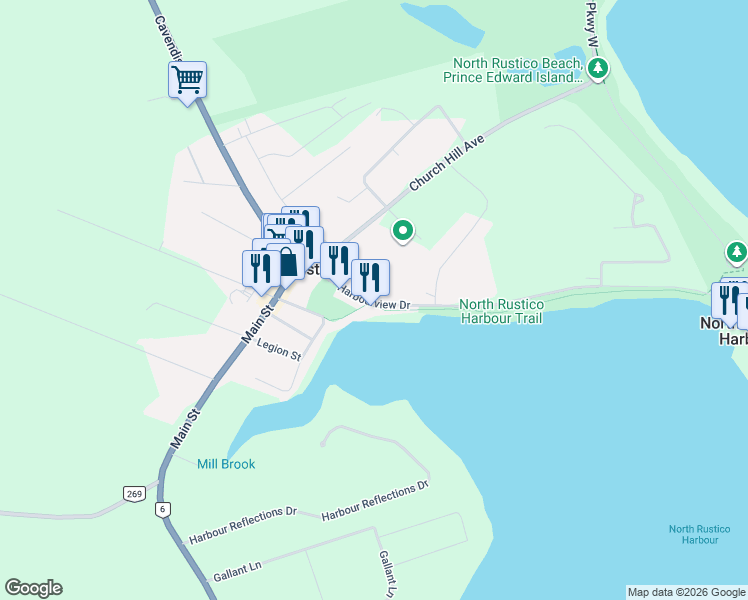 map of restaurants, bars, coffee shops, grocery stores, and more near 10 Allen Street in North Rustico