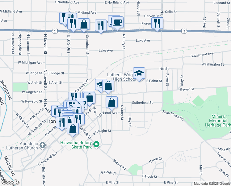 map of restaurants, bars, coffee shops, grocery stores, and more near 100 North Mansfield Street in Ironwood