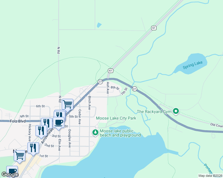 map of restaurants, bars, coffee shops, grocery stores, and more near 93 8th Street in Moose Lake