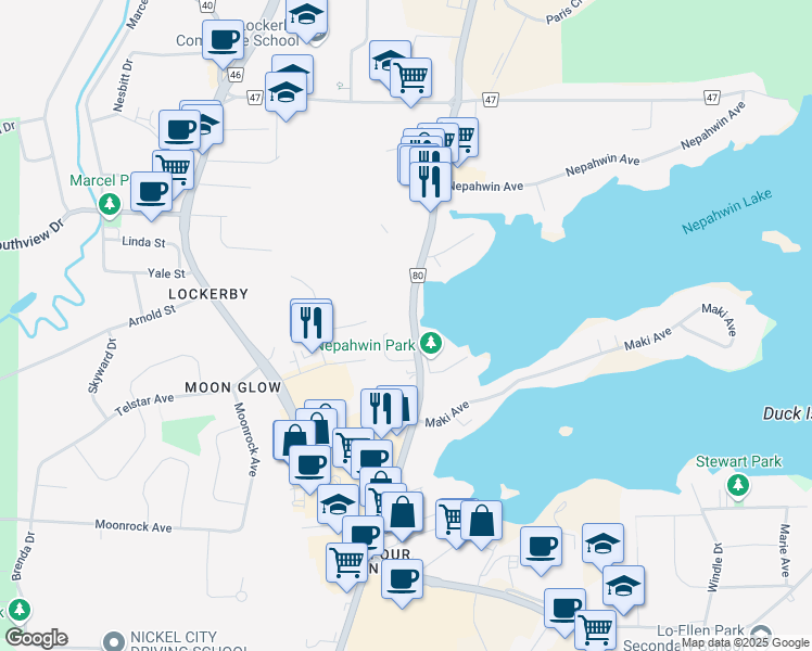 map of restaurants, bars, coffee shops, grocery stores, and more near 1693 Paris Street in Sudbury