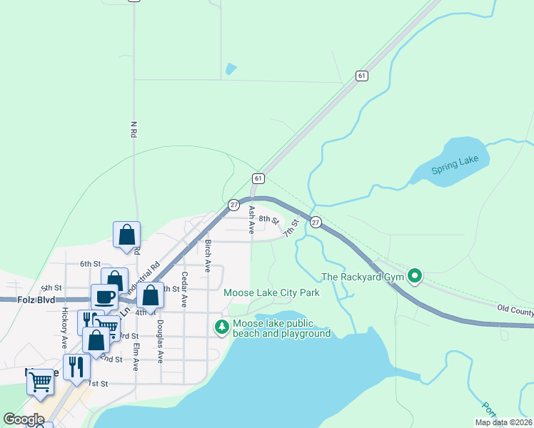 map of restaurants, bars, coffee shops, grocery stores, and more near 93 8th Street in Moose Lake