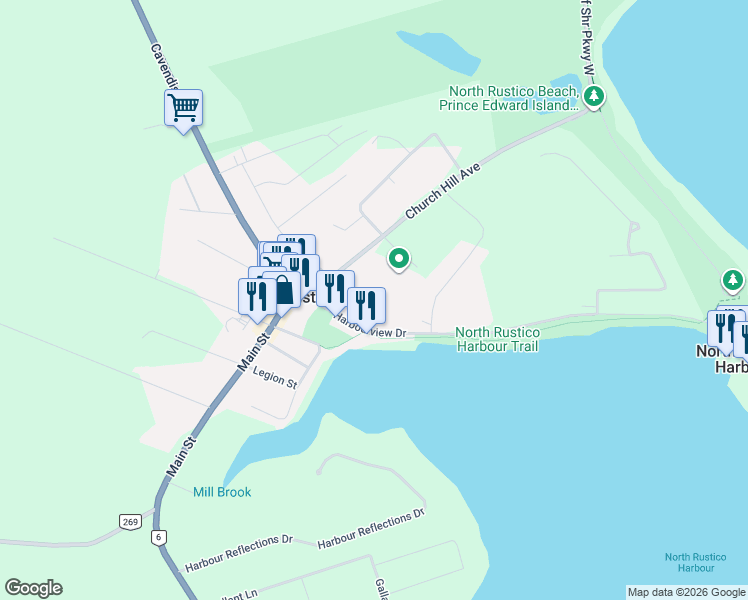 map of restaurants, bars, coffee shops, grocery stores, and more near 10 Allen Street in North Rustico