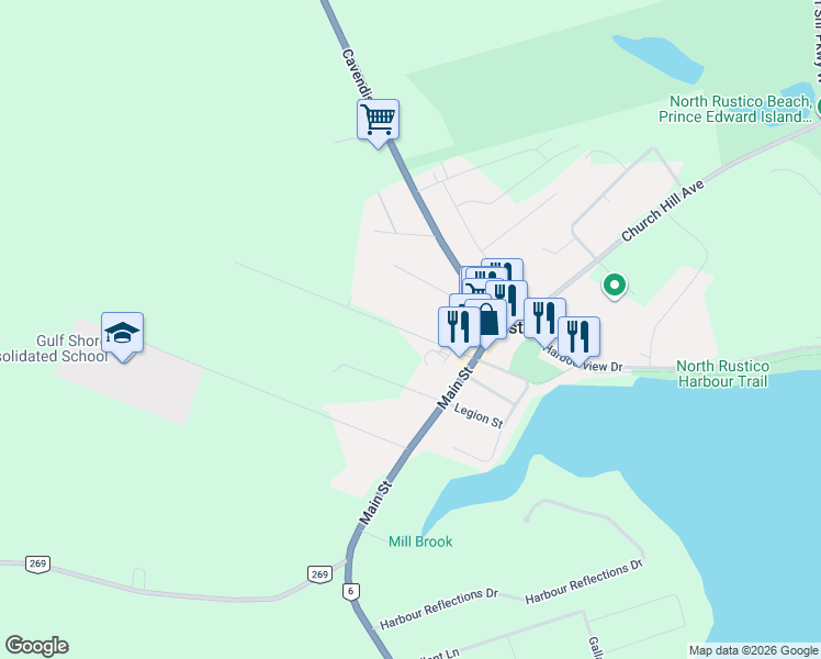 map of restaurants, bars, coffee shops, grocery stores, and more near 40 Timber Lane in North Rustico