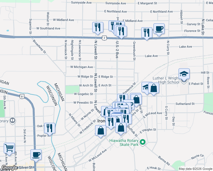 map of restaurants, bars, coffee shops, grocery stores, and more near 498 North Suffolk Street in Ironwood