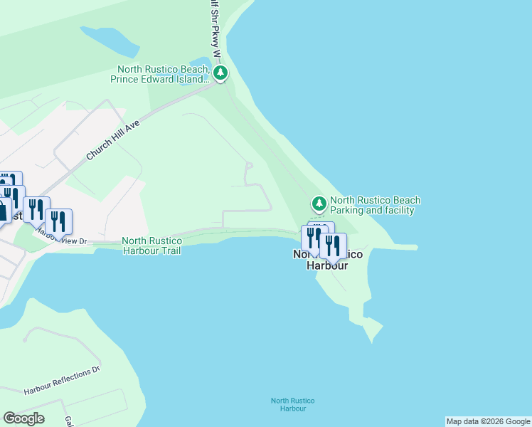 map of restaurants, bars, coffee shops, grocery stores, and more near 58 Lantern Hill Drive in North Rustico