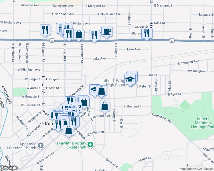 map of restaurants, bars, coffee shops, grocery stores, and more near 100-200 North Mansfield Street in Ironwood