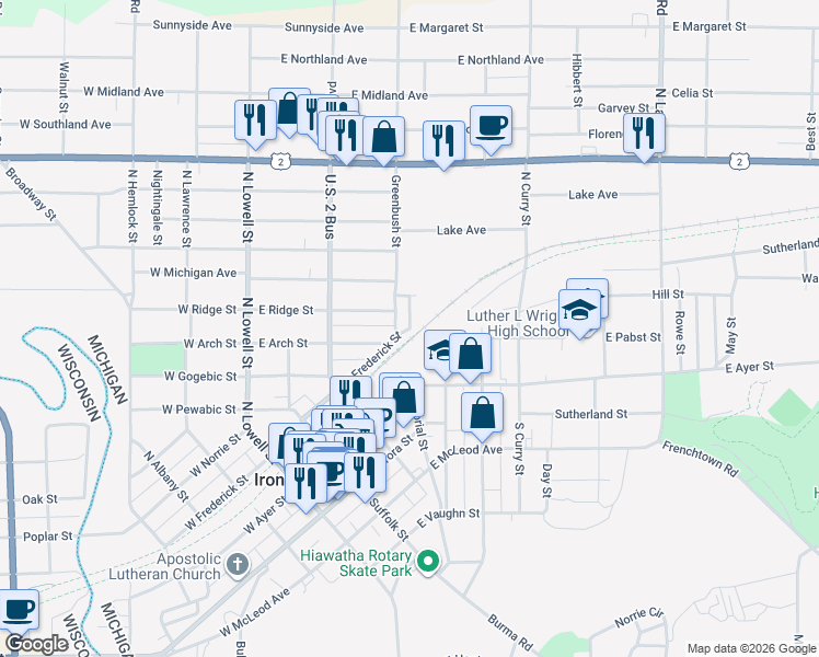 map of restaurants, bars, coffee shops, grocery stores, and more near 201 Case Street in Ironwood