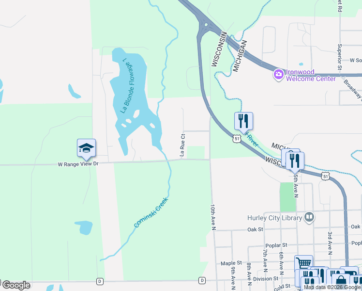 map of restaurants, bars, coffee shops, grocery stores, and more near 990 La Rue Court in Hurley
