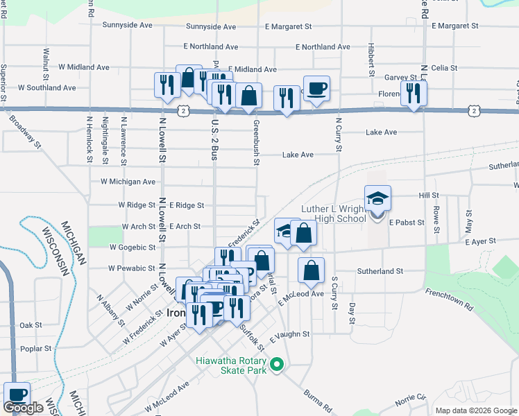 map of restaurants, bars, coffee shops, grocery stores, and more near 201-399 Case Street in Ironwood