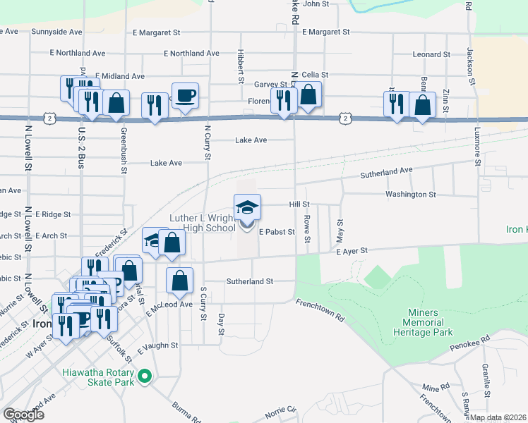 map of restaurants, bars, coffee shops, grocery stores, and more near 733-739 Park St in Ironwood