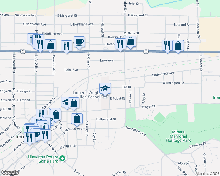 map of restaurants, bars, coffee shops, grocery stores, and more near 739 Park St in Ironwood