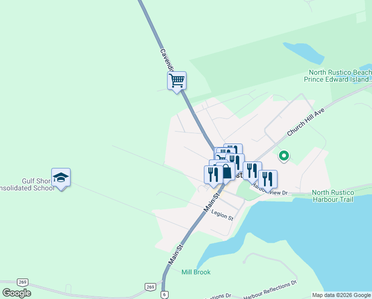 map of restaurants, bars, coffee shops, grocery stores, and more near 55 Winter Street in North Rustico