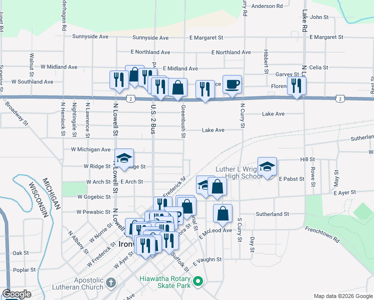 map of restaurants, bars, coffee shops, grocery stores, and more near 201-399 Case Street in Ironwood